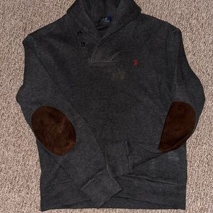 Grey polo sweater with brown swede patches on elbows